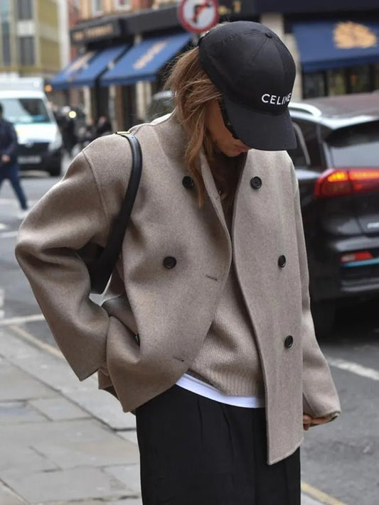 Stand-collar double-breasted loose-fit cropped casual jacket