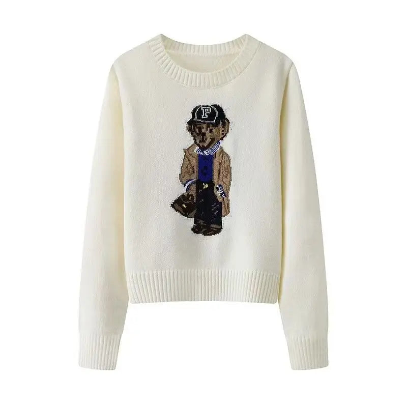 Milky White Two-Piece Style Striped Collar Bear Embroidered Preppy Knit Sweater