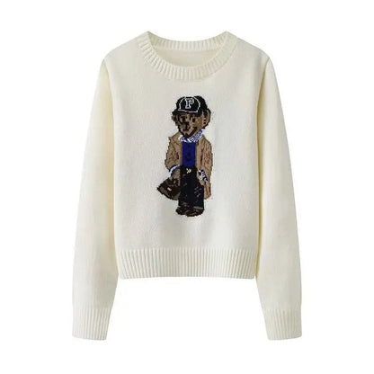 Milky White Two-Piece Style Striped Collar Bear Embroidered Preppy Knit Sweater