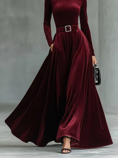 Minimalist Velvet Turtleneck Maxi Dress (with belt)