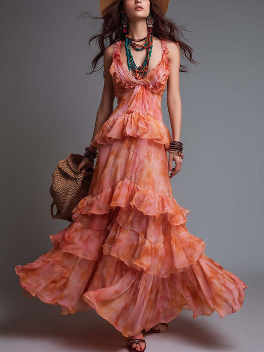 Boho-Vintage Elegant Tiered Ruffle Chiffon Maxi Dress