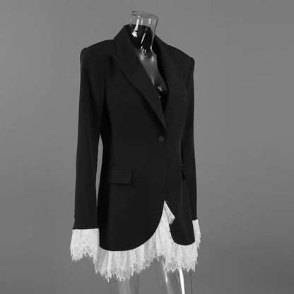 Black and White Lace Contrast-Color Waist-Defining Blazer-Style Skirt