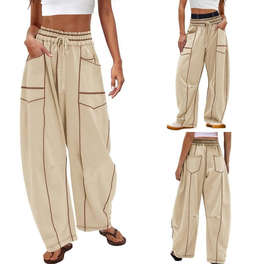 Womens Baggy Barrel Pants Wide Leg Lounge Drawstring Sweatpants with Pockets