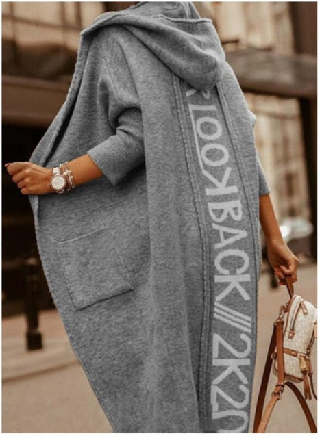 Long-Sleeved Hooded Oversized Knit Cardigan with Letter Print