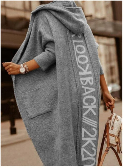 Long-Sleeved Hooded Oversized Knit Cardigan with Letter Print