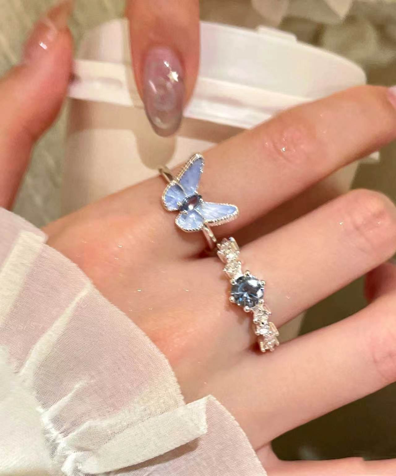 Cute Blue Copper Zircon Butterfly Rings Two-Piece Set