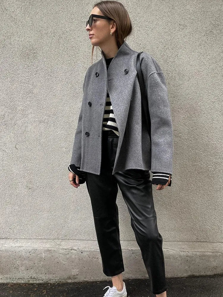 Stand-collar double-breasted loose-fit cropped casual jacket