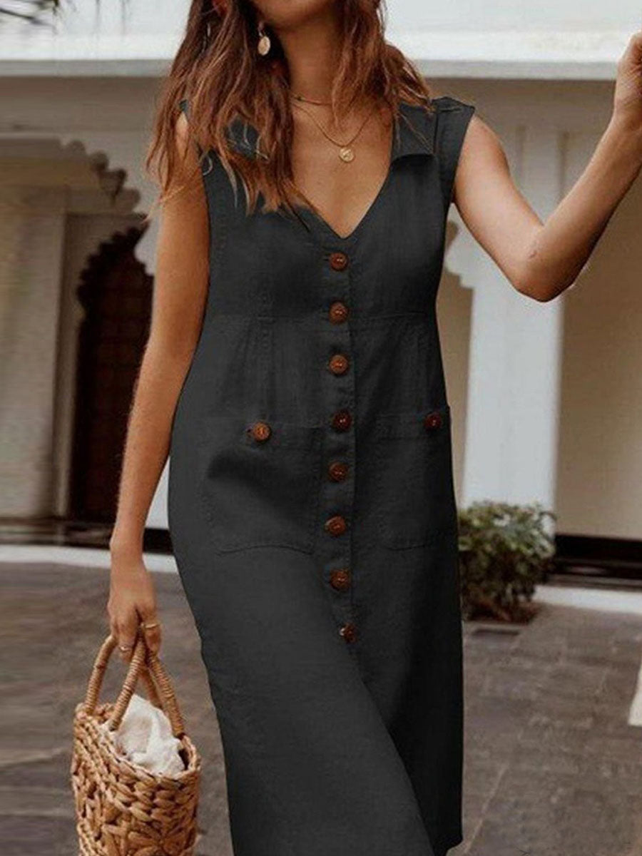 V-Neck Sleeveless Linen Button Dress