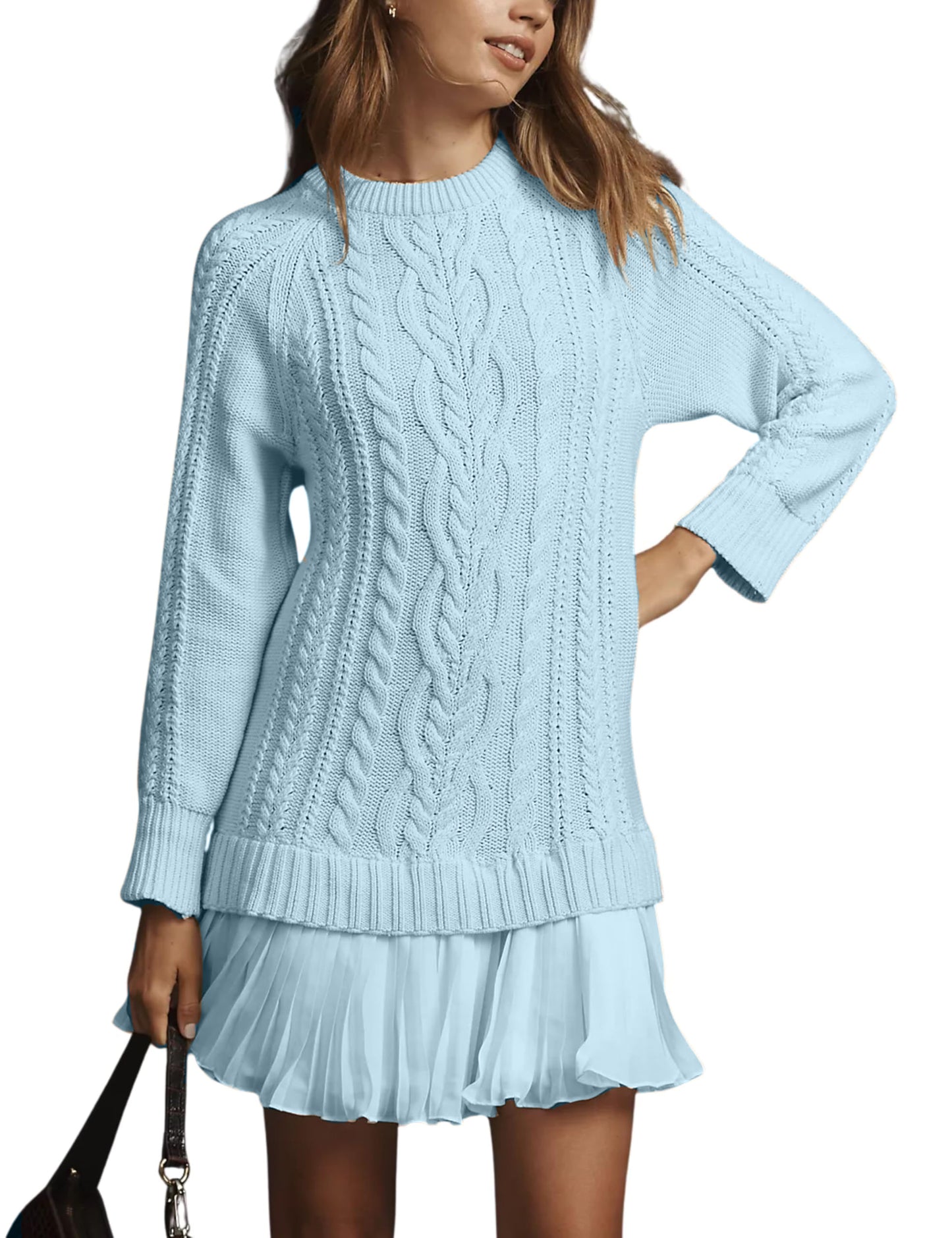 Women Crewneck Cable Knit Sweater Mini Dress