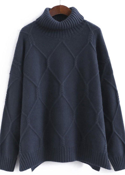 Aesthetic Navy Knitted Top High Neck Oversized Spring Sweaters - SooLinen