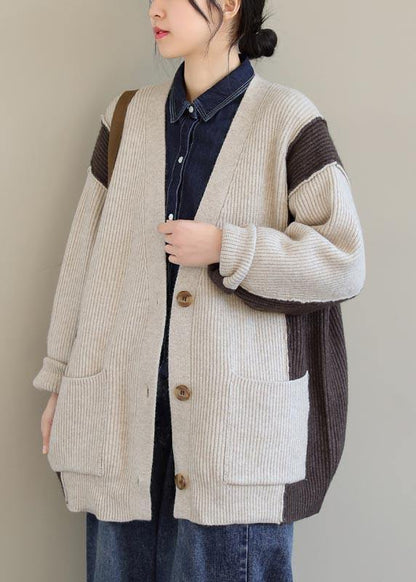 Aesthetic Spring Beige Knit Tops Plus Size V Neck Button Down Knitted Clothes - SooLinen