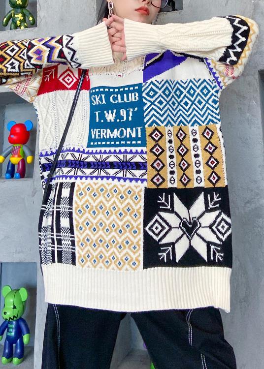 Aesthetic beige ColorBlock Sweater Blouse o neck trendy plus size Winter sweaters - SooLinen