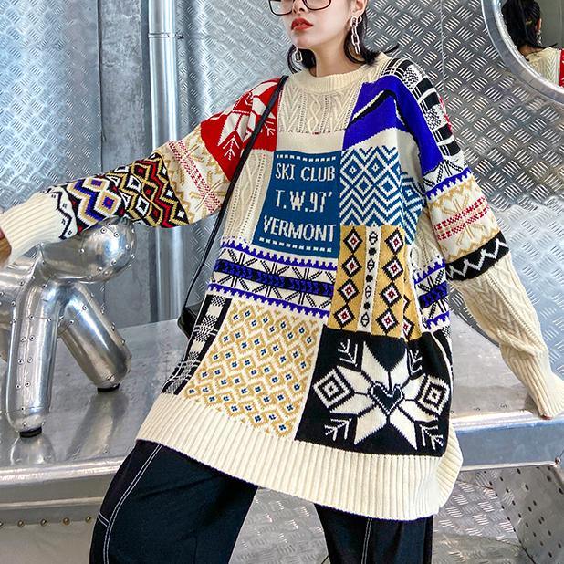 Aesthetic beige ColorBlock Sweater Blouse o neck trendy plus size Winter sweaters - SooLinen