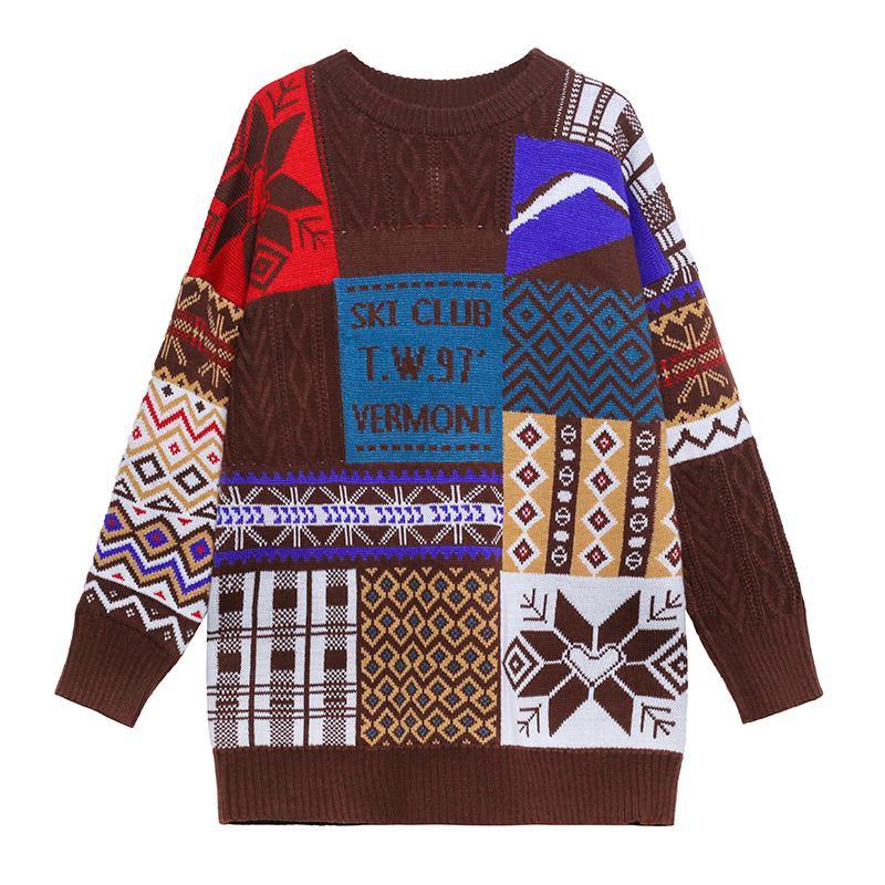 Aesthetic beige ColorBlock Sweater Blouse o neck trendy plus size Winter sweaters - SooLinen