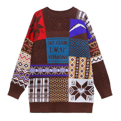 Aesthetic beige ColorBlock Sweater Blouse o neck trendy plus size Winter sweaters - SooLinen