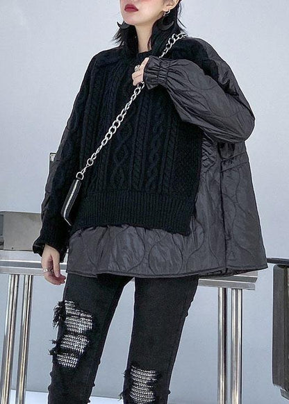 Aesthetic black knit blouse o neck patch work fashion spring knit sweat tops - SooLinen