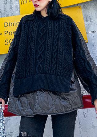 Aesthetic black knit blouse o neck patch work fashion spring knit sweat tops - SooLinen