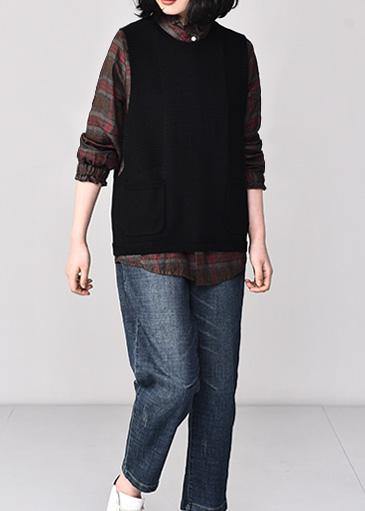 Aesthetic black sweater coat plussize sleeveless knit sweat tops o neck - SooLinen