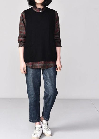 Aesthetic black sweater coat plussize sleeveless knit sweat tops o neck - SooLinen