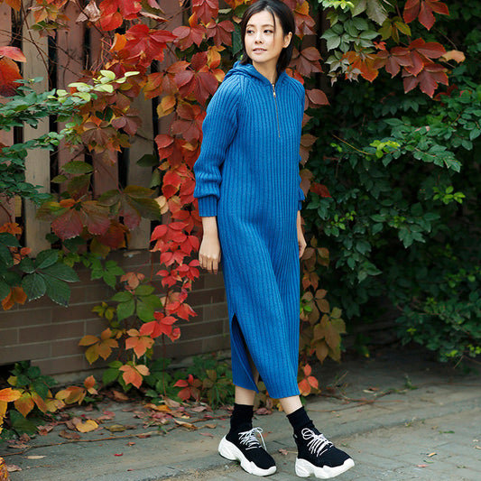 Ästhetische blaue Pullover-Outfits Plus Size Tunika mit Kapuze und seitlich offenem Strickkleid