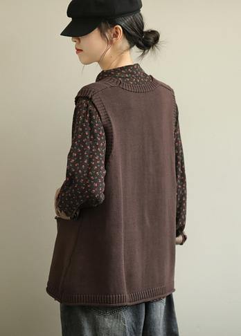 Aesthetic chocolate casual v neck sleeveless knit outwear - SooLinen