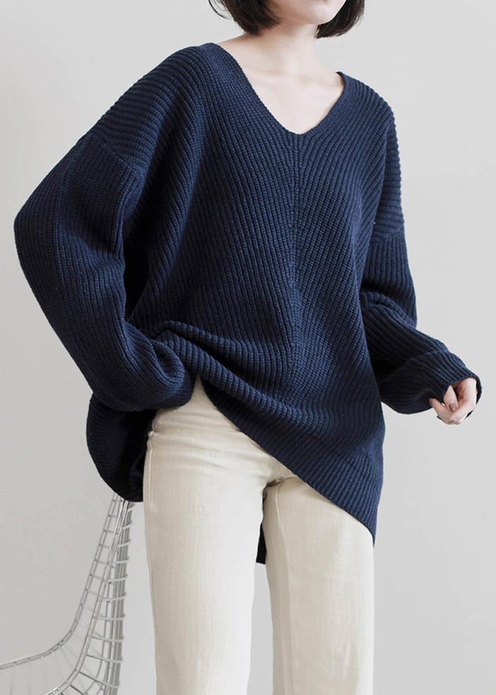 Aesthetic dark blue sweater tops v neck Batwing Sleeve casual knit tops - SooLinen