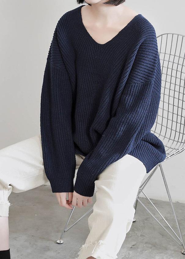 Aesthetic dark blue sweater tops v neck Batwing Sleeve casual knit tops - SooLinen