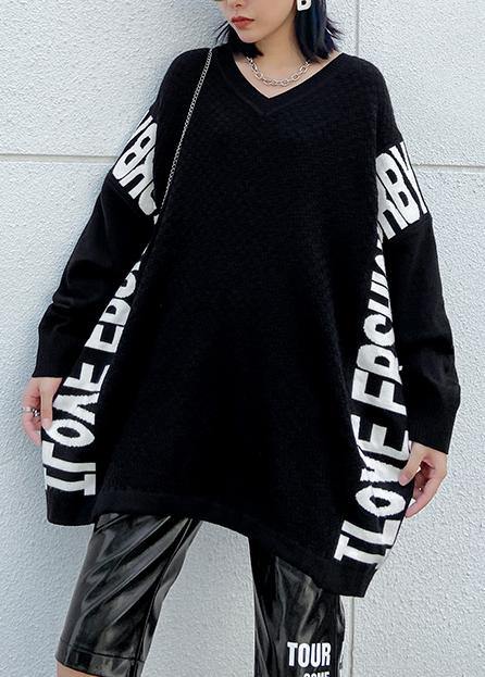 Aesthetic fall black Letter sweaters casual o neck knitted t shirt - SooLinen
