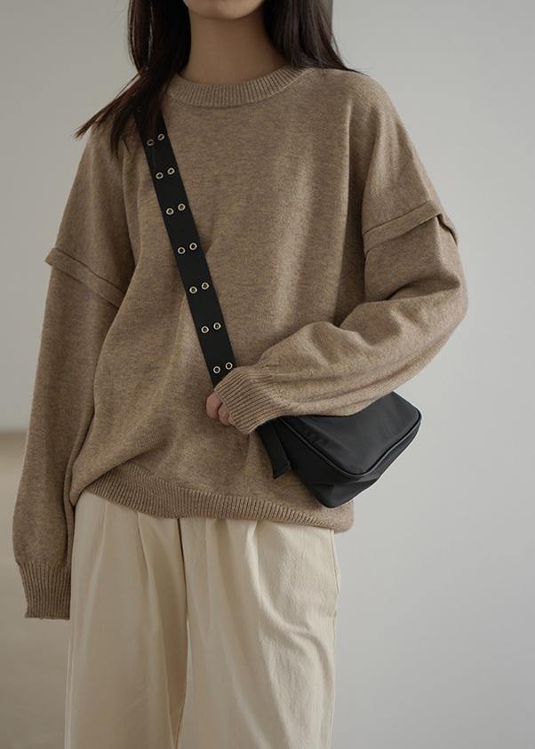 Aesthetic Fall Khaki Knit Sweat Tops Plus Size Clothing O Neck Cinched Sweater Blouse - SooLinen