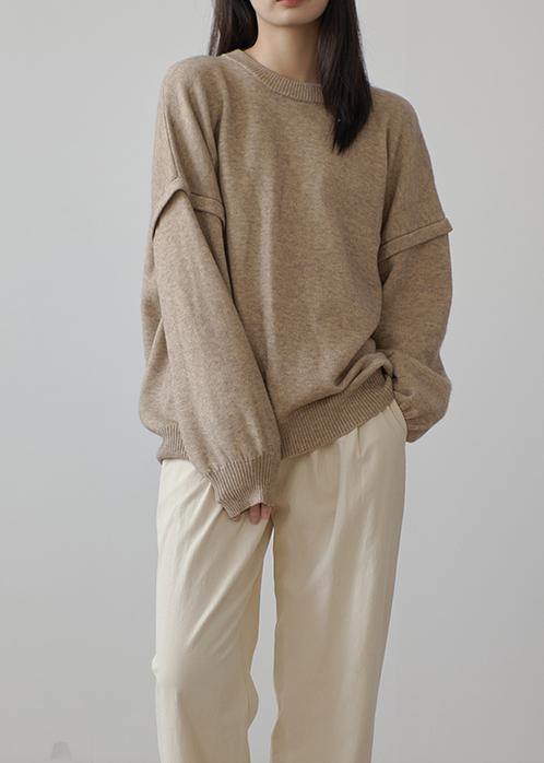 Aesthetic Fall Khaki Knit Sweat Tops Plus Size Clothing O Neck Cinched Sweater Blouse - SooLinen