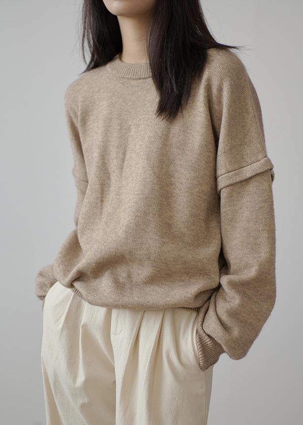 Aesthetic Fall Khaki Knit Sweat Tops Plus Size Clothing O Neck Cinched Sweater Blouse - SooLinen