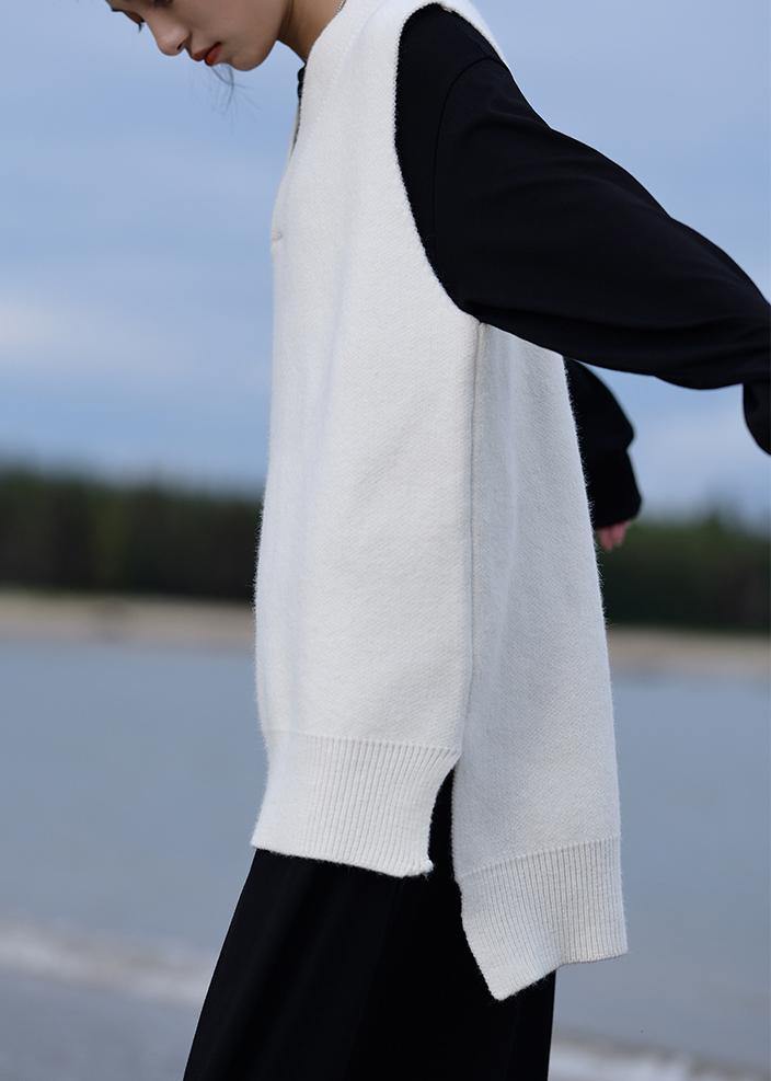 Aesthetic fall white knit sweat tops oversized v neck low high design tops - SooLinen