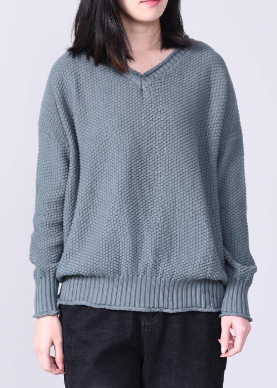 Aesthetic gray blue knit pullover oversized v neck sweaters autumn - SooLinen