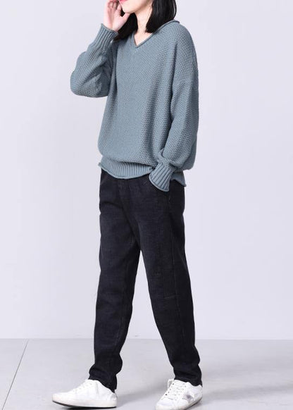 Aesthetic gray blue knit pullover oversized v neck sweaters autumn - SooLinen