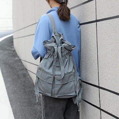 Aesthetic gray outfit Street Style Double Front Pockets Simple Drawstring Backpacks - SooLinen