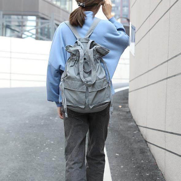 Aesthetic gray outfit Street Style Double Front Pockets Simple Drawstring Backpacks - SooLinen