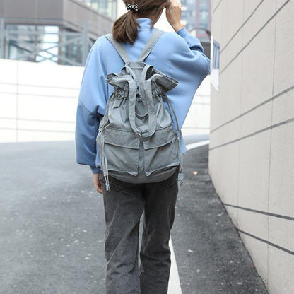 Aesthetic gray outfit Street Style Double Front Pockets Simple Drawstring Backpacks - SooLinen