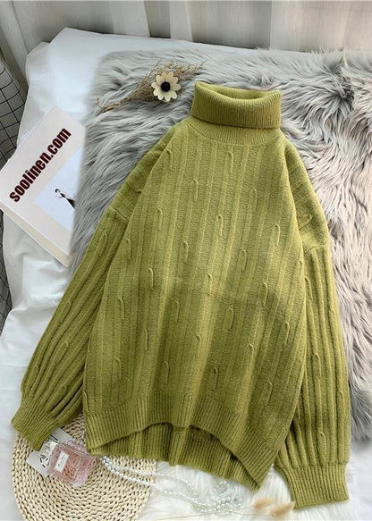 Aesthetic green Blouse cable casual high neck knitwear - SooLinen
