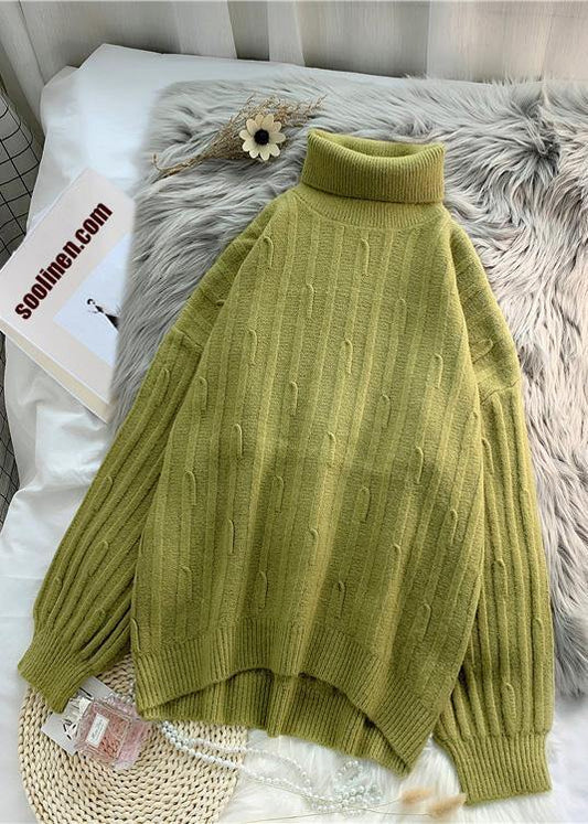 Aesthetic green Blouse cable casual high neck knitwear - SooLinen