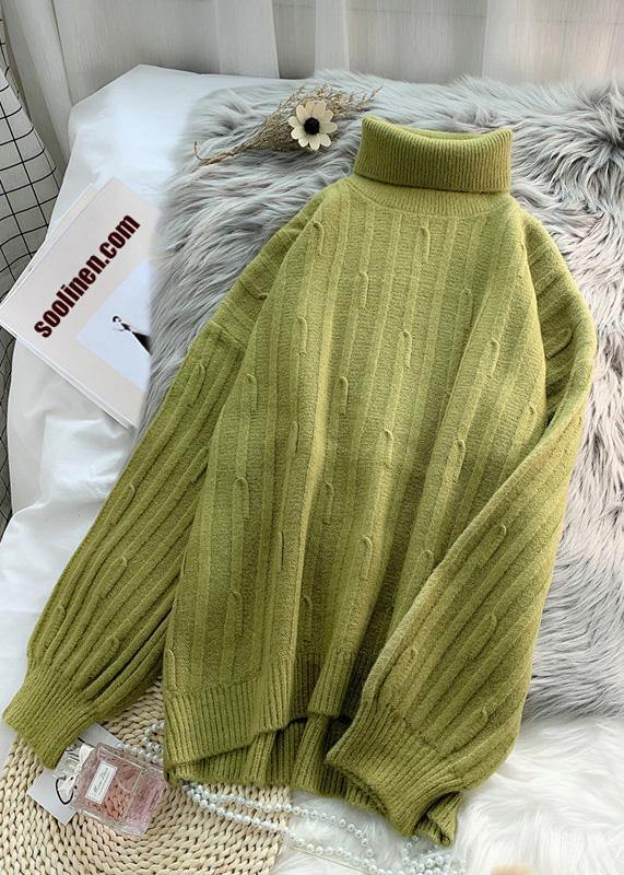 Aesthetic green Blouse cable casual high neck knitwear - SooLinen