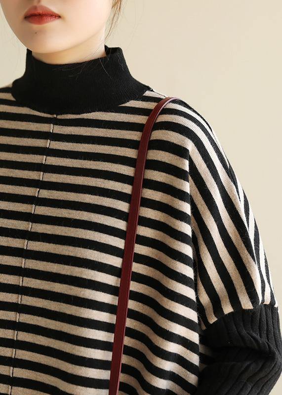 Aesthetic half high neck striped knit tops Loose fitting patchwork box top - SooLinen
