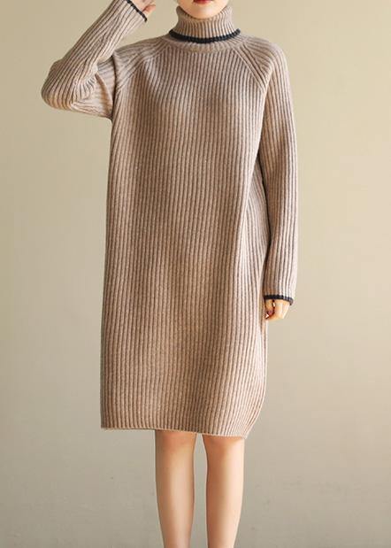 Aesthetic khaki Sweater dress outfit plus size wild tunic high lapel collar knit dress - SooLinen