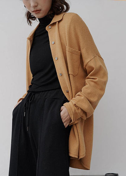 Aesthetic khaki knit top silhouette trendy plus size lapel collar knitwear fall - SooLinen