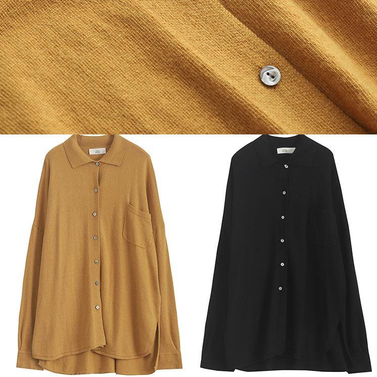 Aesthetic khaki knit top silhouette trendy plus size lapel collar knitwear fall - SooLinen