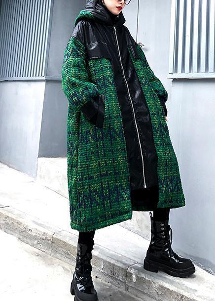 Aesthetic knitted coat trendy plus size green hooded zippered coats - SooLinen