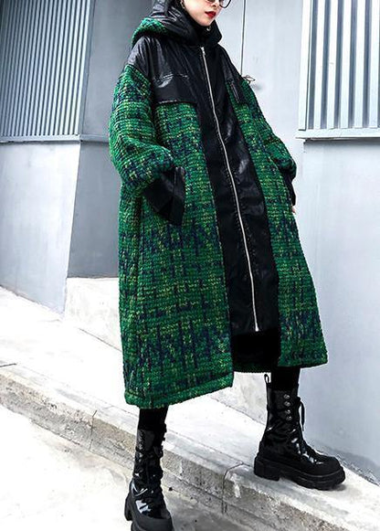 Aesthetic knitted coat trendy plus size green hooded zippered coats - SooLinen