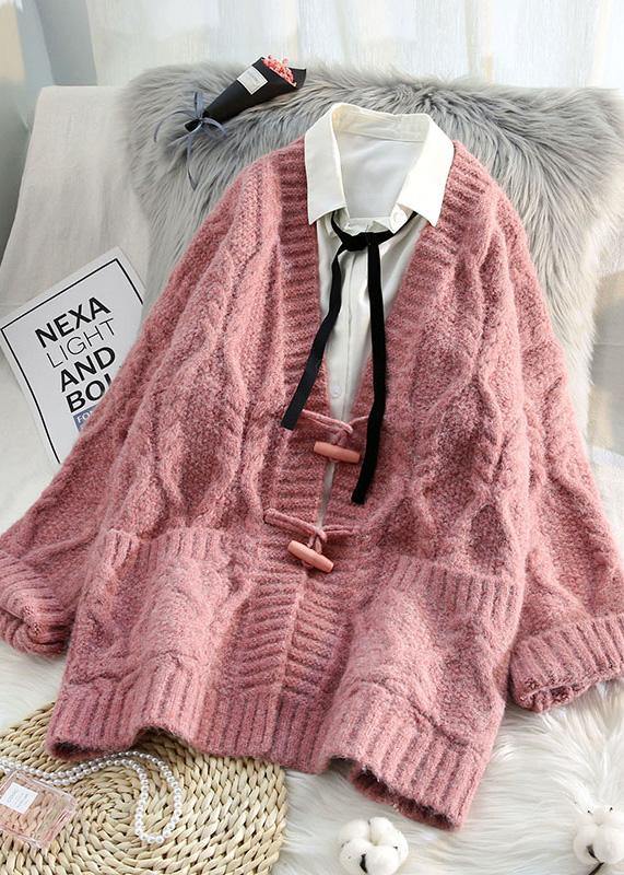 Aesthetic knitwear Loose fitting pink v neck pockets knit cardigans - SooLinen