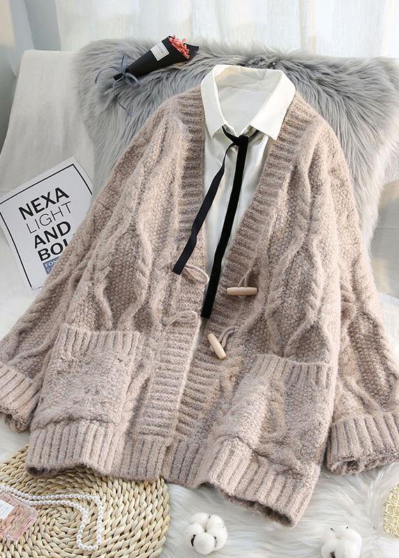 Aesthetic knitwear Loose fitting pink v neck pockets knit cardigans - SooLinen