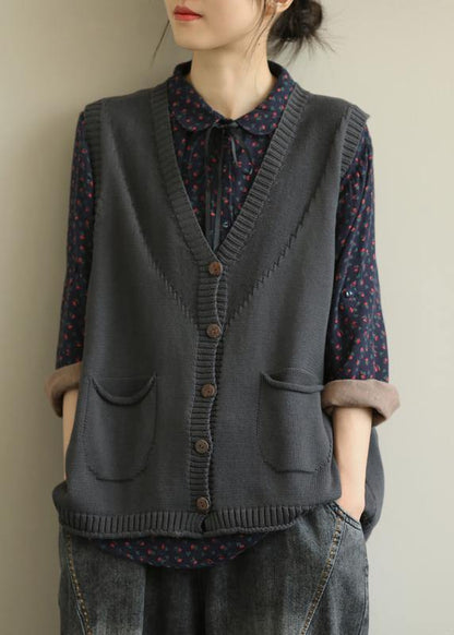 Aesthetic knitwear plus size dark gray v neck sleeveless knitted jackets - SooLinen