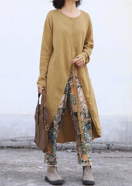 Aesthetic o neck knit outwear oversize yellow asymmetric knitted jackets - SooLinen